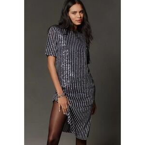 Anthropologie "Flat White" Sequin Stripe Midi Dress. Sz XXS. NWT. MSRP $148